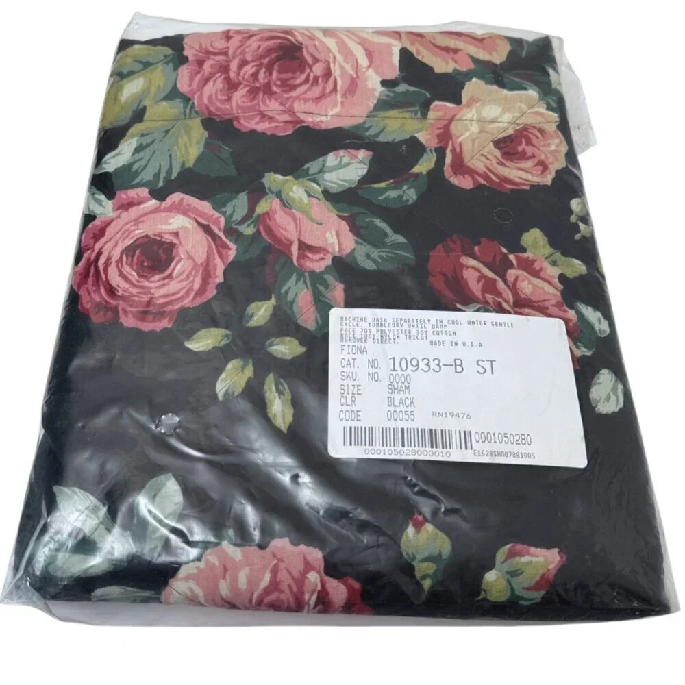 Cabbage Rose Floral Pillow Sham Quilted Black Pink Cotton Blend Pillowcase NEW